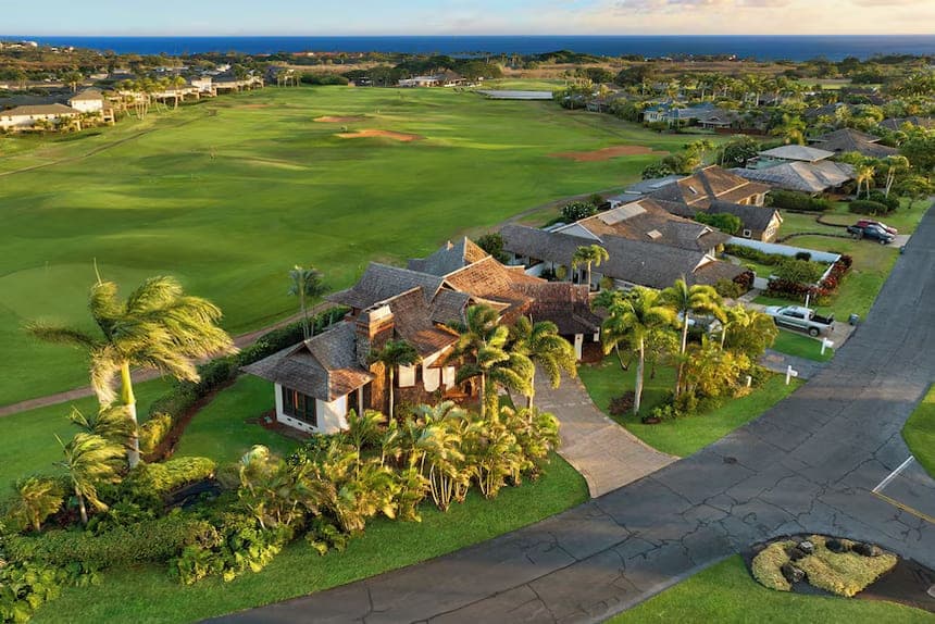 Street in Kiahuna Golf Village with mature tropical landscaping, Poipu, Kauai