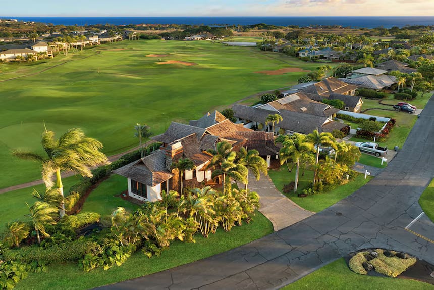 Street in Kiahuna Golf Village with mature tropical landscaping, Poipu, Kauai